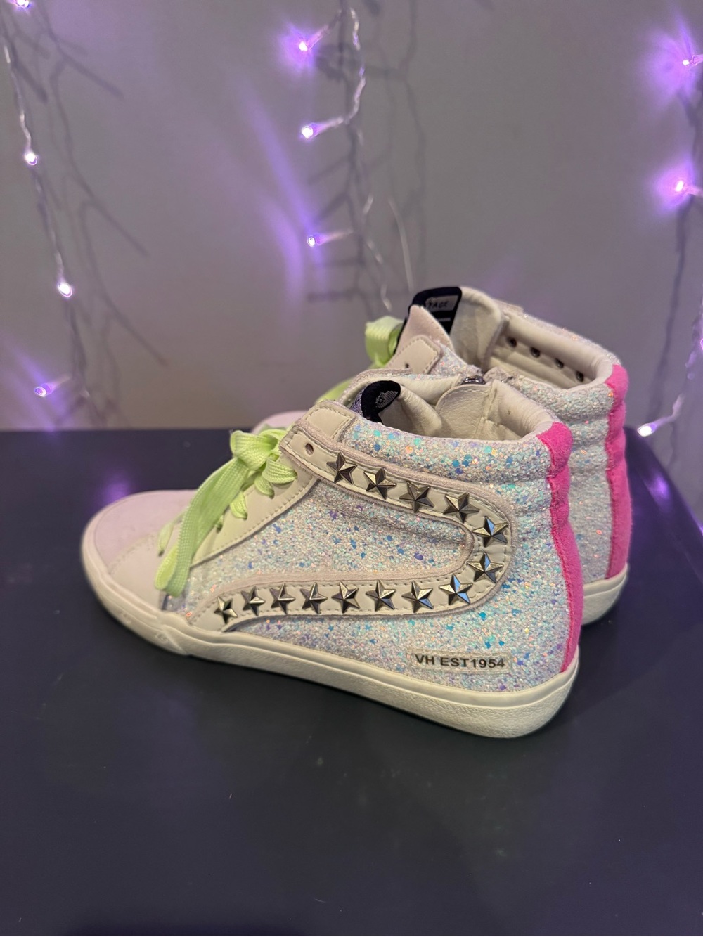Vintage Havana Glitter Star Stud High-Top Sneakers white/pink/pastel green laces